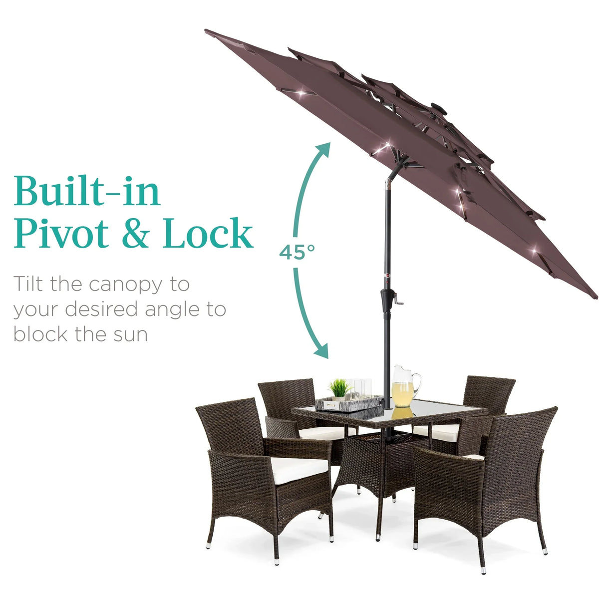 Best Choice Products 10ft 3-Tier Solar Patio Umbrella w/ 24 LED Lights, Tilt Adjustment, Easy Crank - Tan