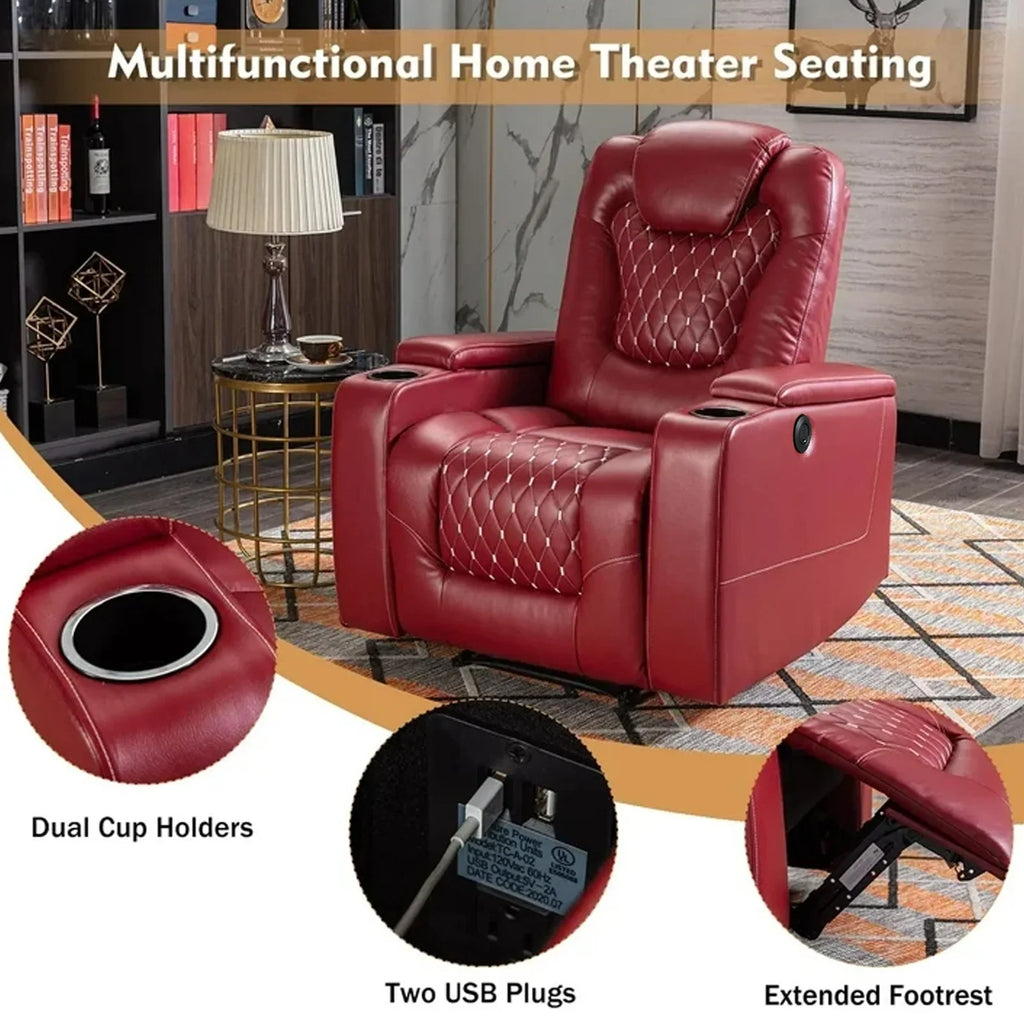 Bonzy Home Overstuffed Electric Home Theater Seating PU Leather Reclining Furniture with with USB Ports and Cup Holders and Hidden Arm Storage - Black