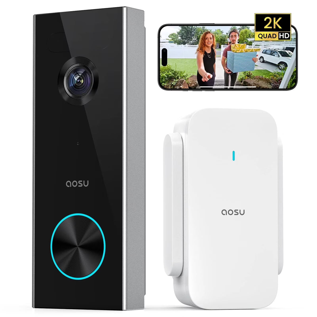AOSU 2K Wireless Doorbell Camera with Chime, No Monthly Fee, 180-Day Battery Life, Wi-Fi Video Doorbell with PIR Motion Detection, IR Night Vision, 2-Way Audio, Work with Alexa & Google Assistant