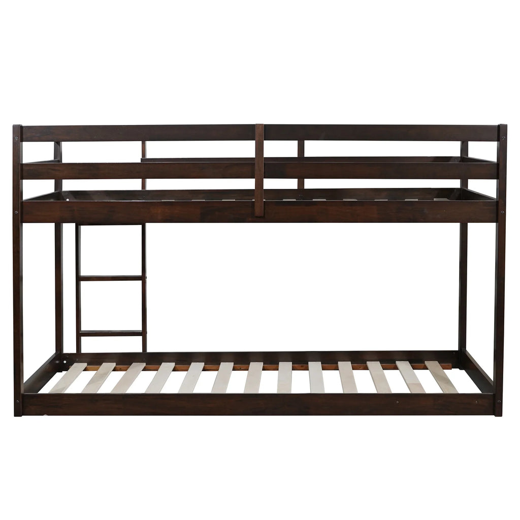 Twin Over Twin Floor Bunk Bed, UHOMEPRO Solid Wood Low Bunk Bed with Safety Rail, Ladder, Heavy Duty Bunk Beds, Space-Saving Bedroom Dorm Furniture, Gray