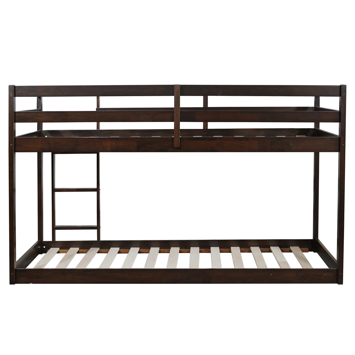 Twin Over Twin Floor Bunk Bed, UHOMEPRO Solid Wood Low Bunk Bed with Safety Rail, Ladder, Heavy Duty Bunk Beds, Space-Saving Bedroom Dorm Furniture, Gray