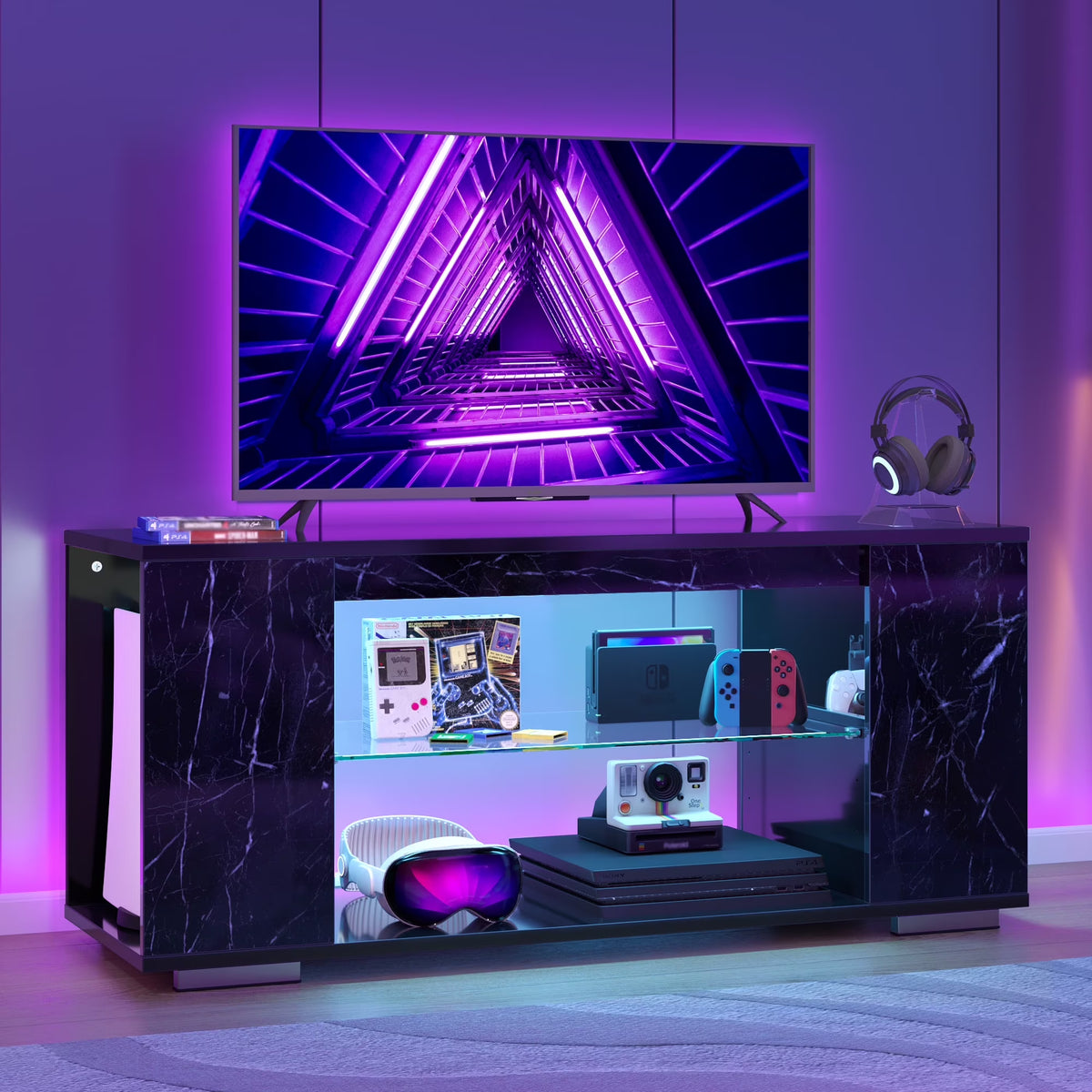 Pinmoco 47'' TV Stand for TVs up to 55", Gaming Entertainment Center with LED Lights, Black