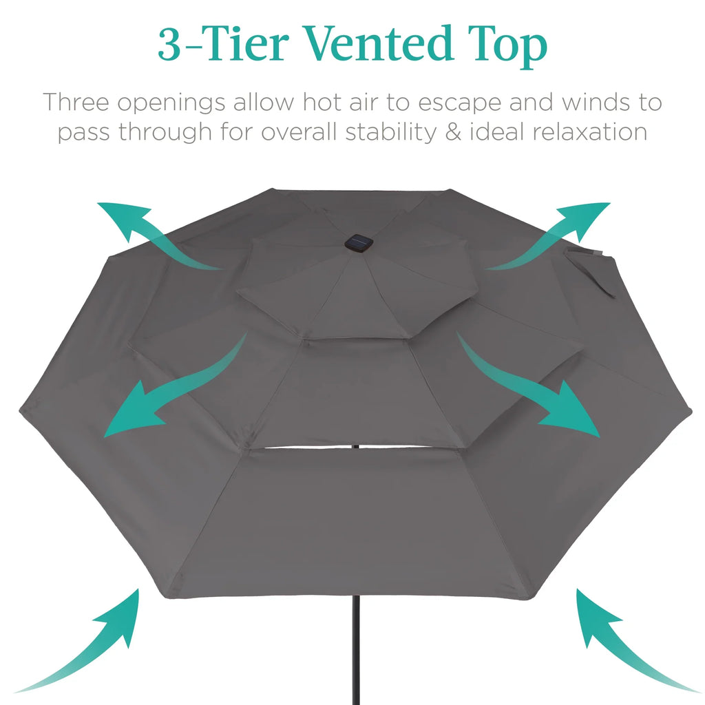 Best Choice Products 10ft 3-Tier Solar Patio Umbrella w/ 24 LED Lights, Tilt Adjustment, Easy Crank - Tan