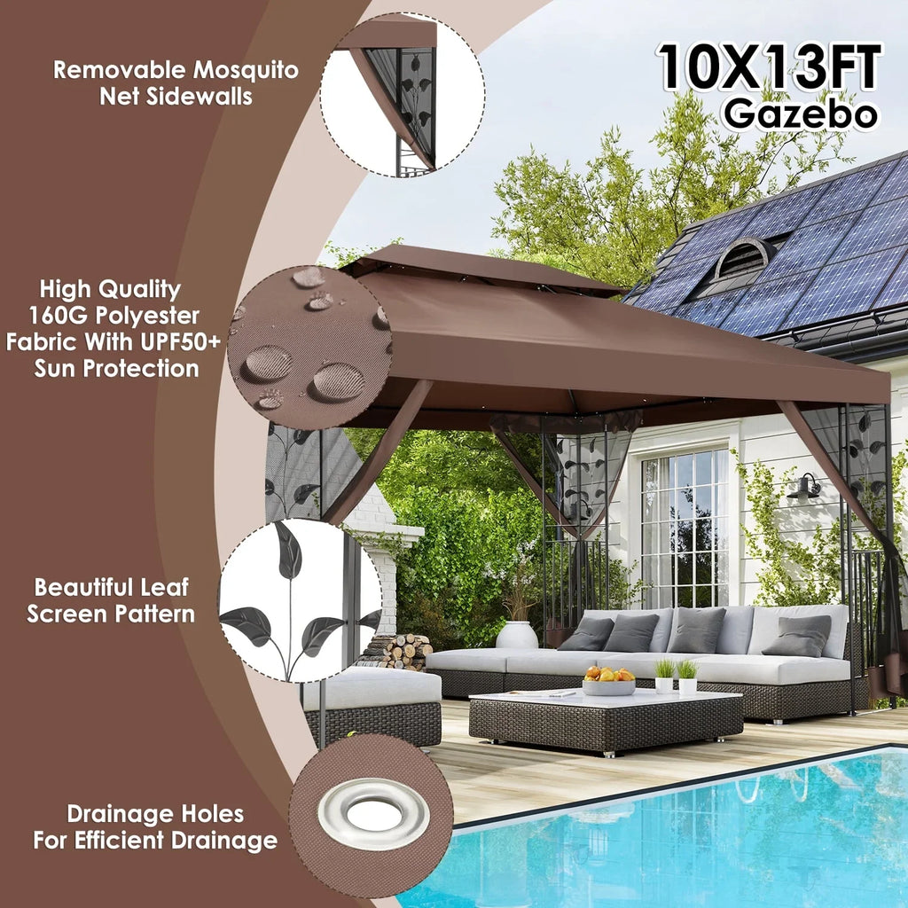 COBIZI 10' x 13' Pop Up Gazebo, Screened Patio Gazebo, Outdoor Steel Double Roof Canopy Tent, Metal Frame Canopy with Mosquito Netting, Sunshade for Garden, Lawns, Gray