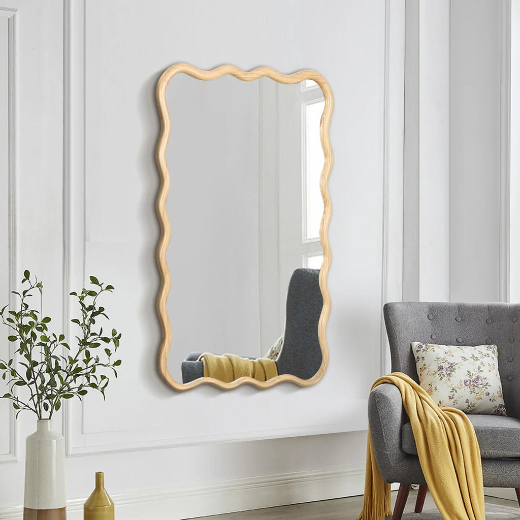 Solid Wood Wavy Frame Modern Mirror - 40x28 Inches Durable Farmhouse Wall Decor for Bathroom, Living Room & Entryway with Easy Install