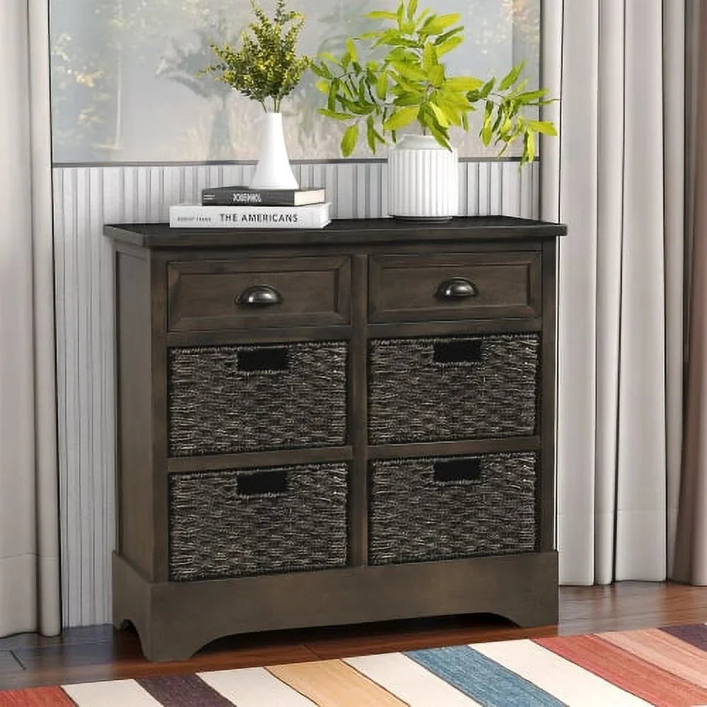 Rustic Storage Cabinet, Wood Accent Cabinet with 2 Drawers and 4 Rattan Baskets,Entryway Console Table Sofa Table for Living Room,Dining Room,White Washed