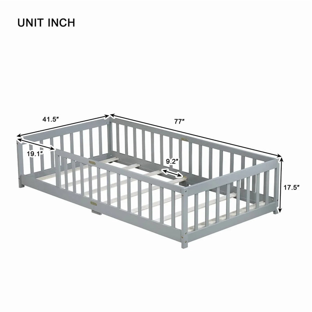 Bellemave Twin Size Floor Beds, Wood Montessori Bed with Fence Railings & Support Slats, No Box Spring Needed (Gray"