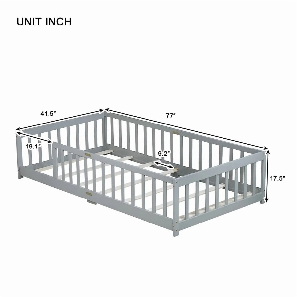 Bellemave Twin Size Floor Beds, Wood Montessori Bed with Fence Railings & Support Slats, No Box Spring Needed (Gray"