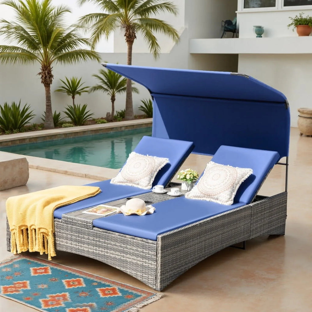 Devoko Rattan Double Lounge Chaise, Adjustable Backrest Daybed with Sunshade and Cup Holder for Deck, Poolside, Balcony,beige