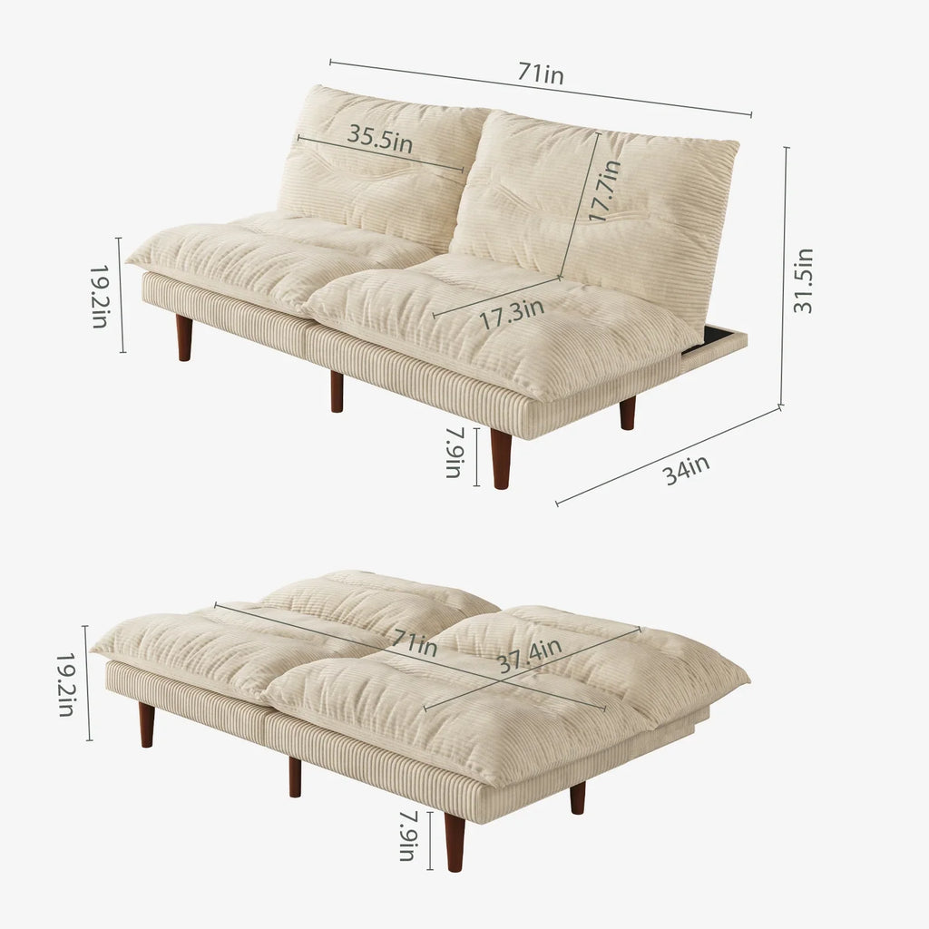 LLappuil 71" Corduroy Futon Convertible Sofa Bed, Loveseat Sleeper Sofa Couch for Living Room Apartment Beige