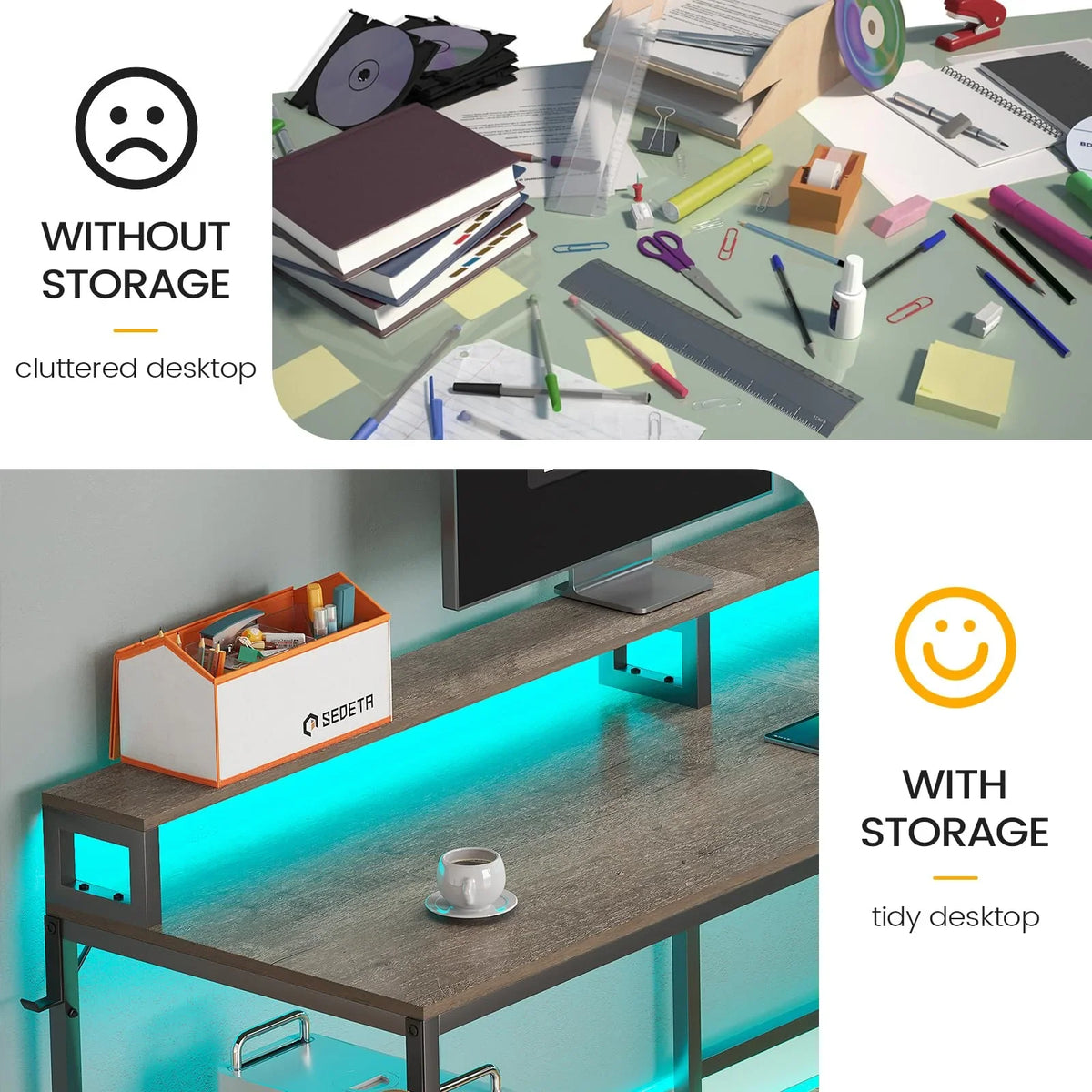L Shaped Desk with Power Outlet and LED Lights, Corner Computer Desk with File Drawer for Home Office, Gaming Desk, Rustic Brown