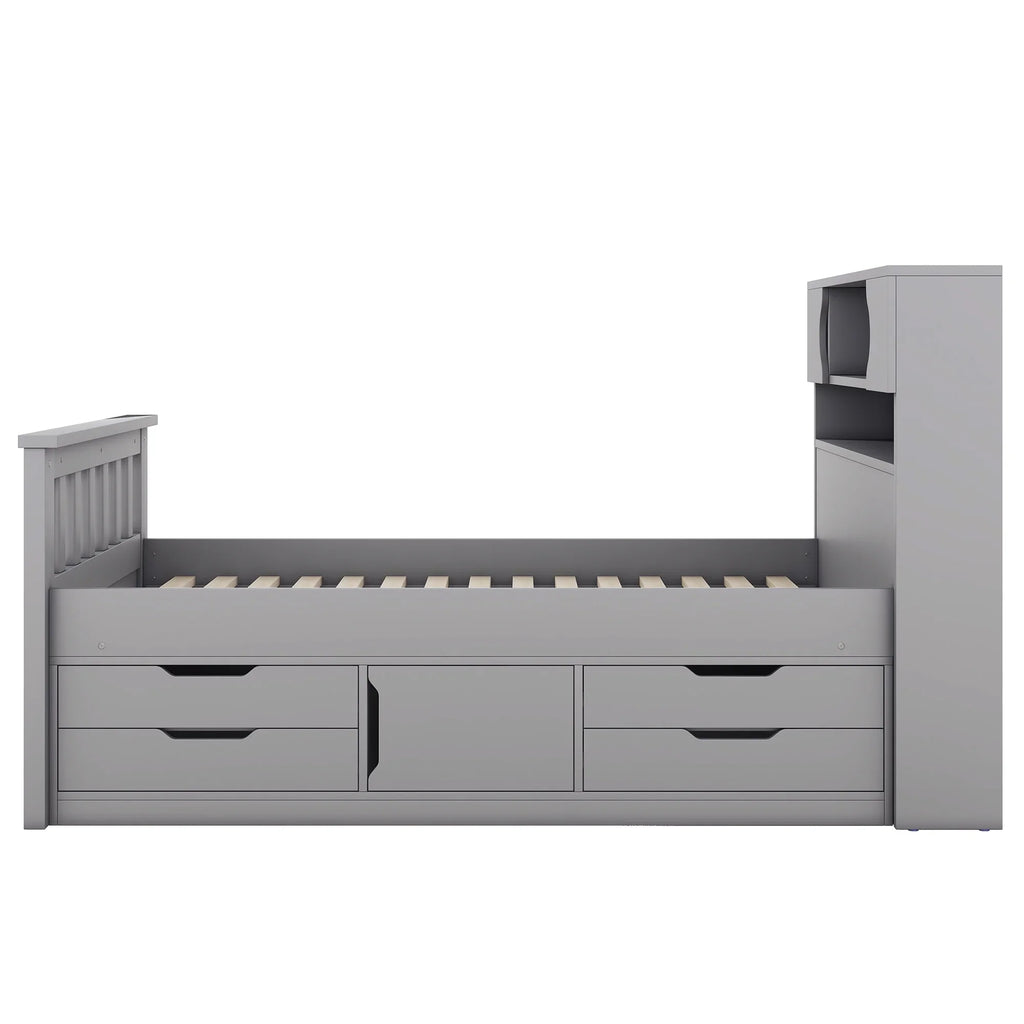 Euroco Wood Twin Size Platform Bed with Storage Headboard, Captain Bed with 4 Drawers, Bookcase and Cabinets, Gray