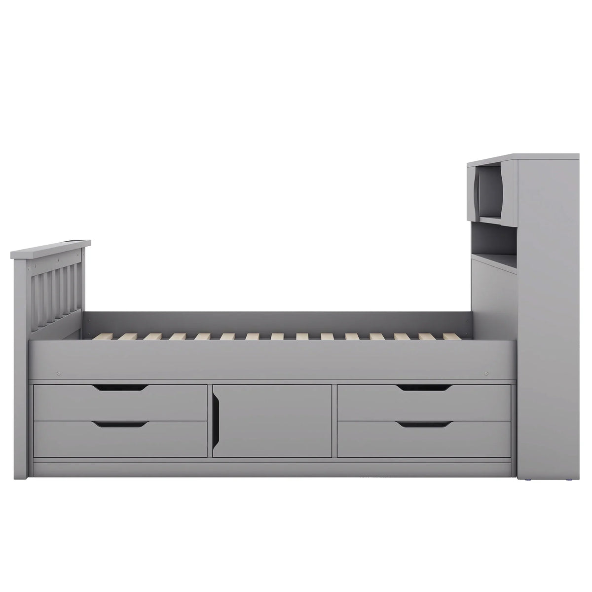 Euroco Wood Twin Size Platform Bed with Storage Headboard, Captain Bed with 4 Drawers, Bookcase and Cabinets, Gray