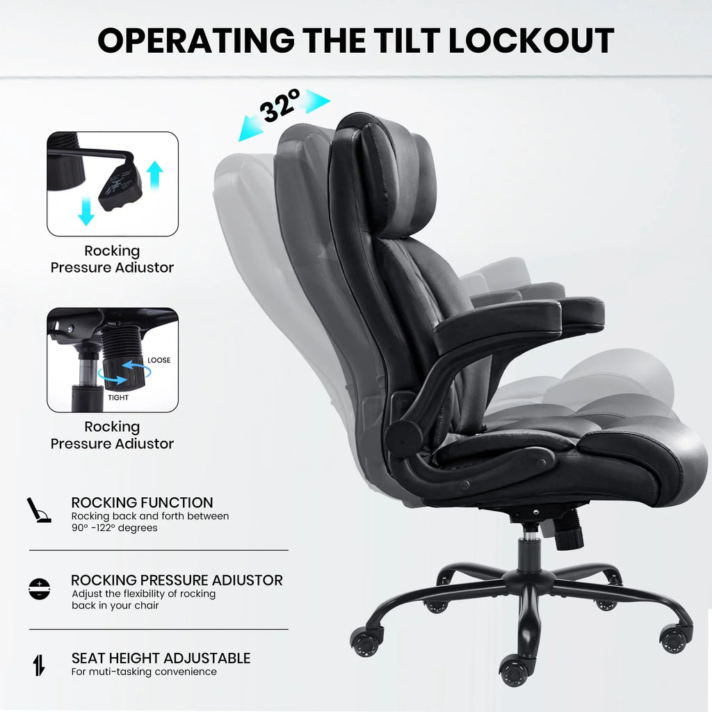 Ninecer 500lbs Big and Tall Office Chair with Inflatable Lumbar Support, Ergonomic Executive Desk Chair with Extra Wide Seat, Adjustable Height Computer Chair, Heavy Duty Leather Office Chair, Black