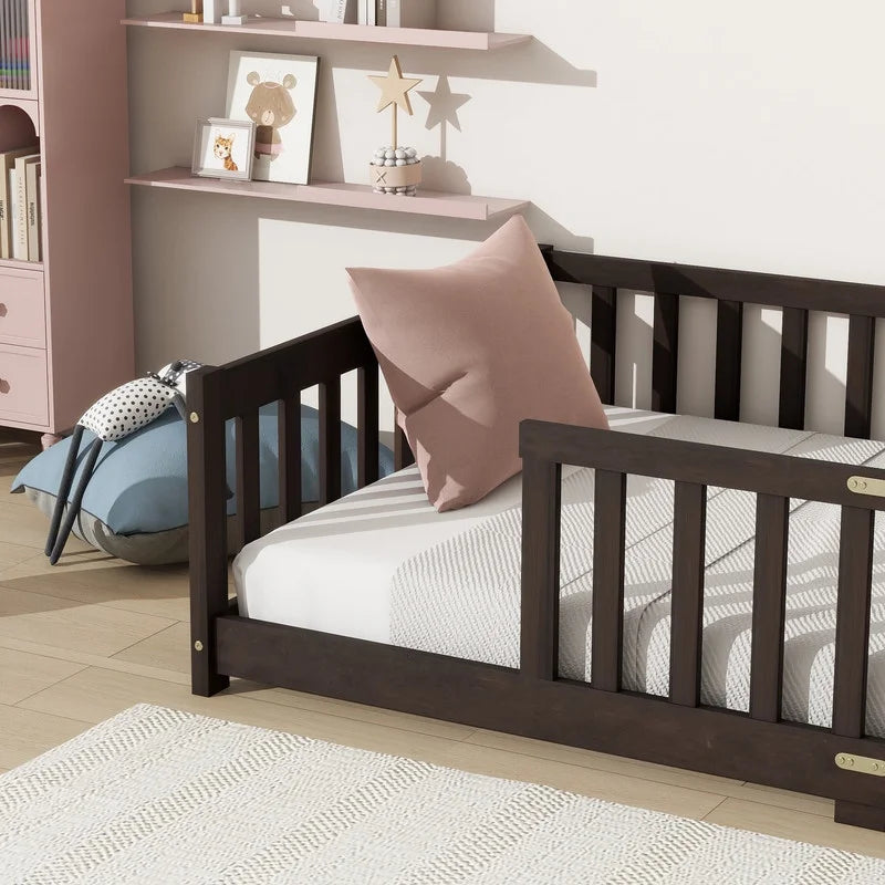 Bellemave Twin Size Floor Beds, Wood Montessori Bed with Fence Railings & Support Slats, No Box Spring Needed (Gray"