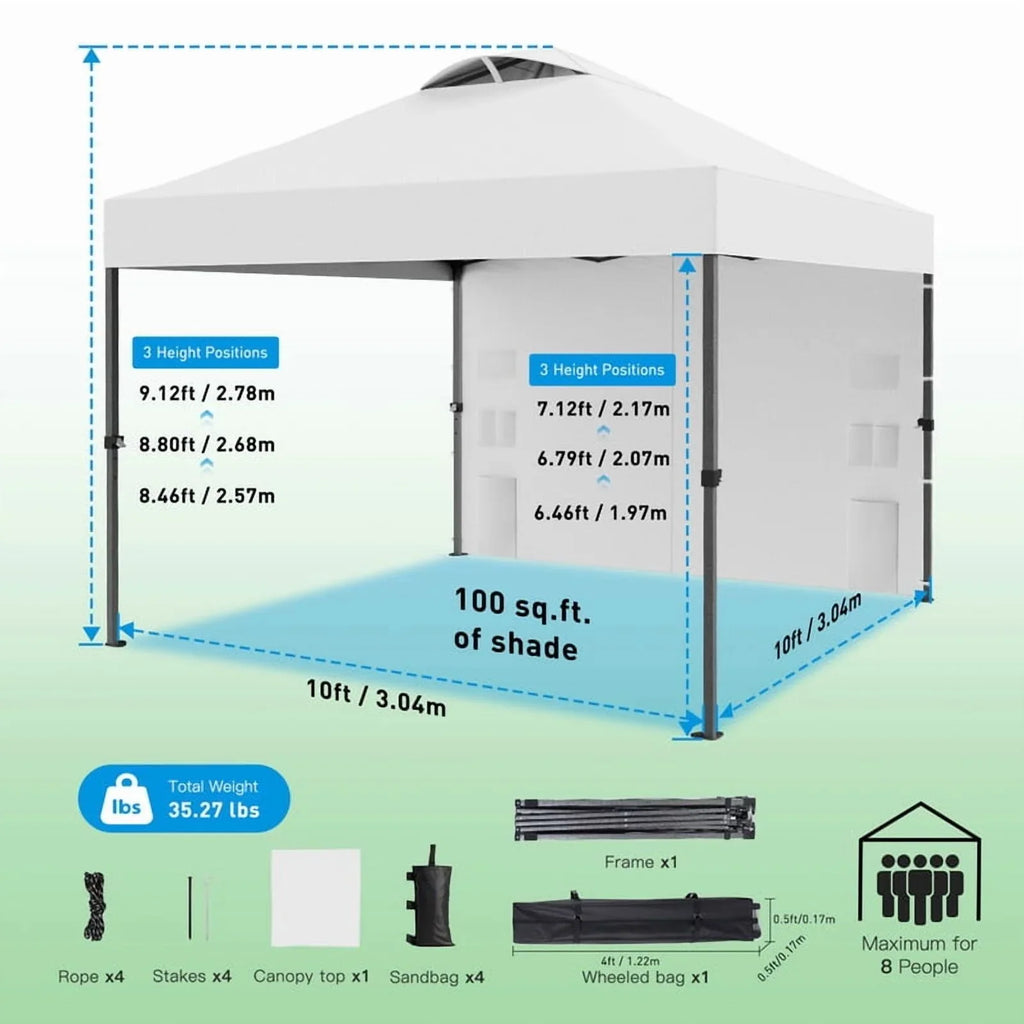 CHITOOMA 10 x 10ft Pop up Canopy Tent, Instant Outdoor Shelter Easy Portable Straight Leg Canopy Tent with Pockets Sidewall, White
