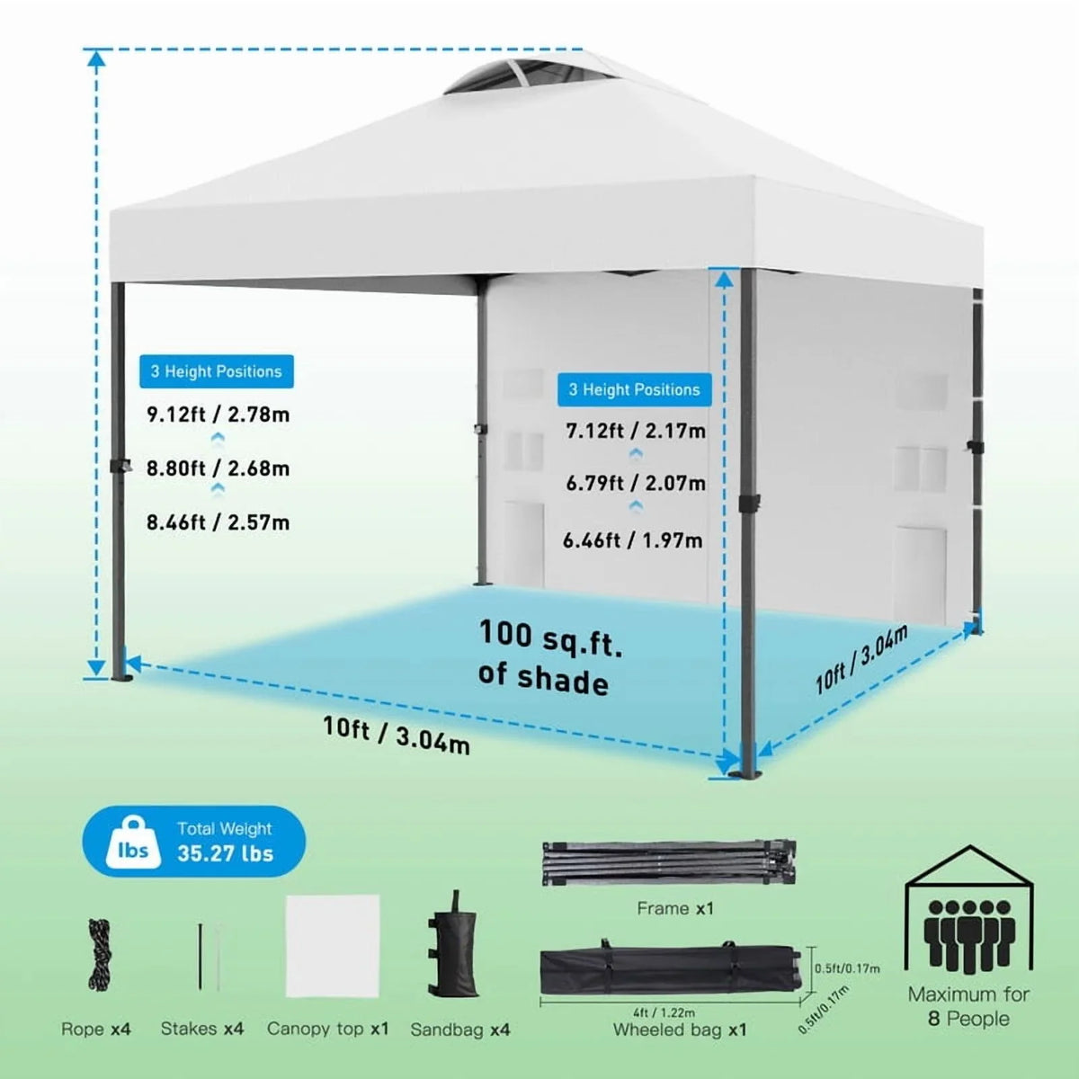 CHITOOMA 10 x 10ft Pop up Canopy Tent, Instant Outdoor Shelter Easy Portable Straight Leg Canopy Tent with Pockets Sidewall, White