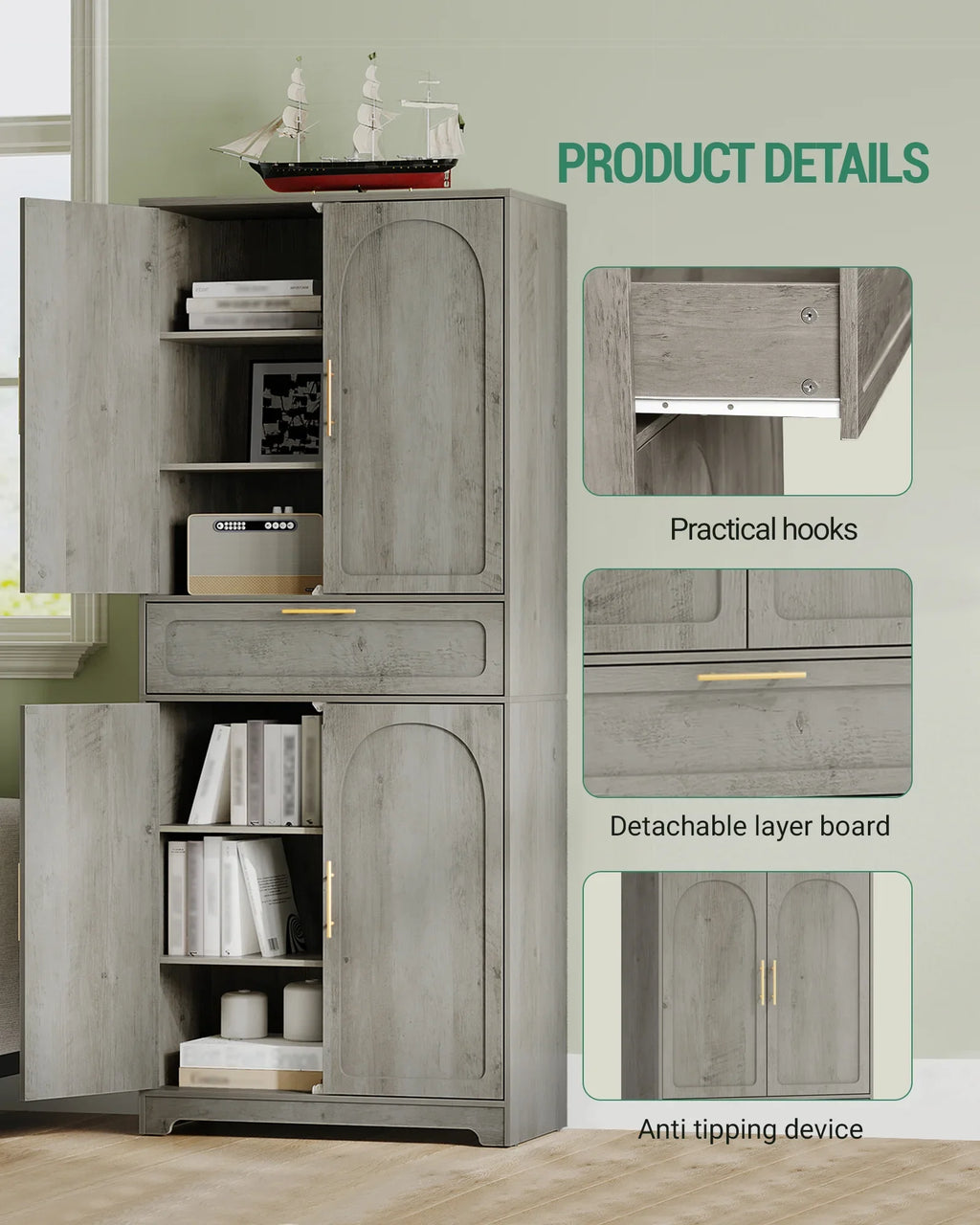 Kitchen Pantry Storage Cabinet, Freestanding Storage Cabinet with 4 Adjustable Shelves