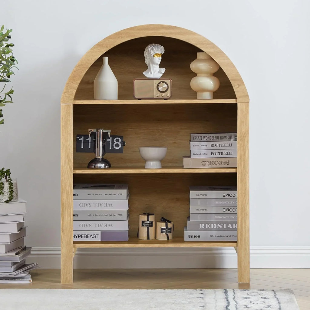 LEFHDA Small Kids Arched Bookshelf, Modern 3-Tier Open Bookshelf, Wood Freestanding Arched Bookcase with Adjustable Shelves, Covered Rounded Top Display Cabinet (Walnut)