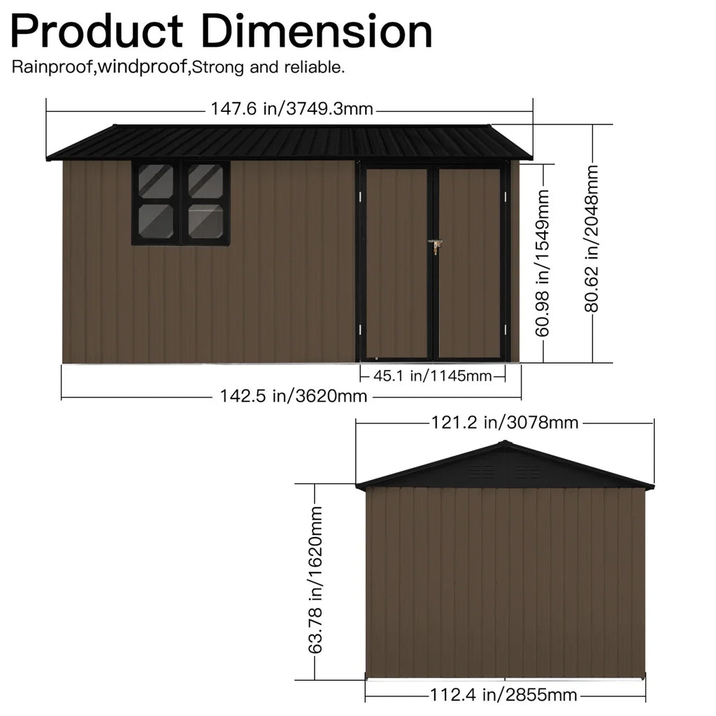 10x12 FT Outdoor Storage Shed, Metal Garden Tool Shed with Vents, Window and Bulit-in Hooks, Waterproof Organization for Home/Backyard/Garden Tools/Lawn Storage, Yellow+White