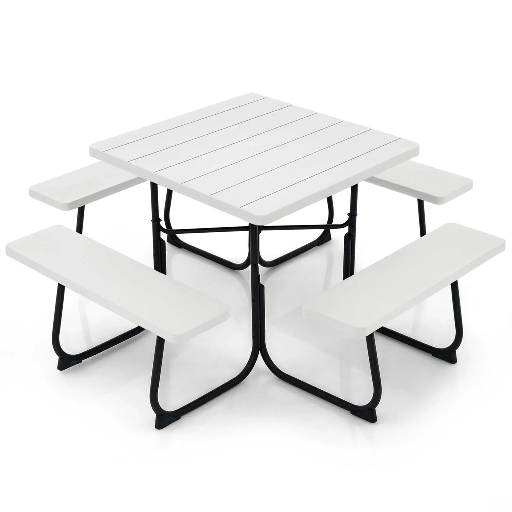 Costway Outdoor 8-person Square Picnic Table Bench Set with 4 Benches & Umbrella Hole White