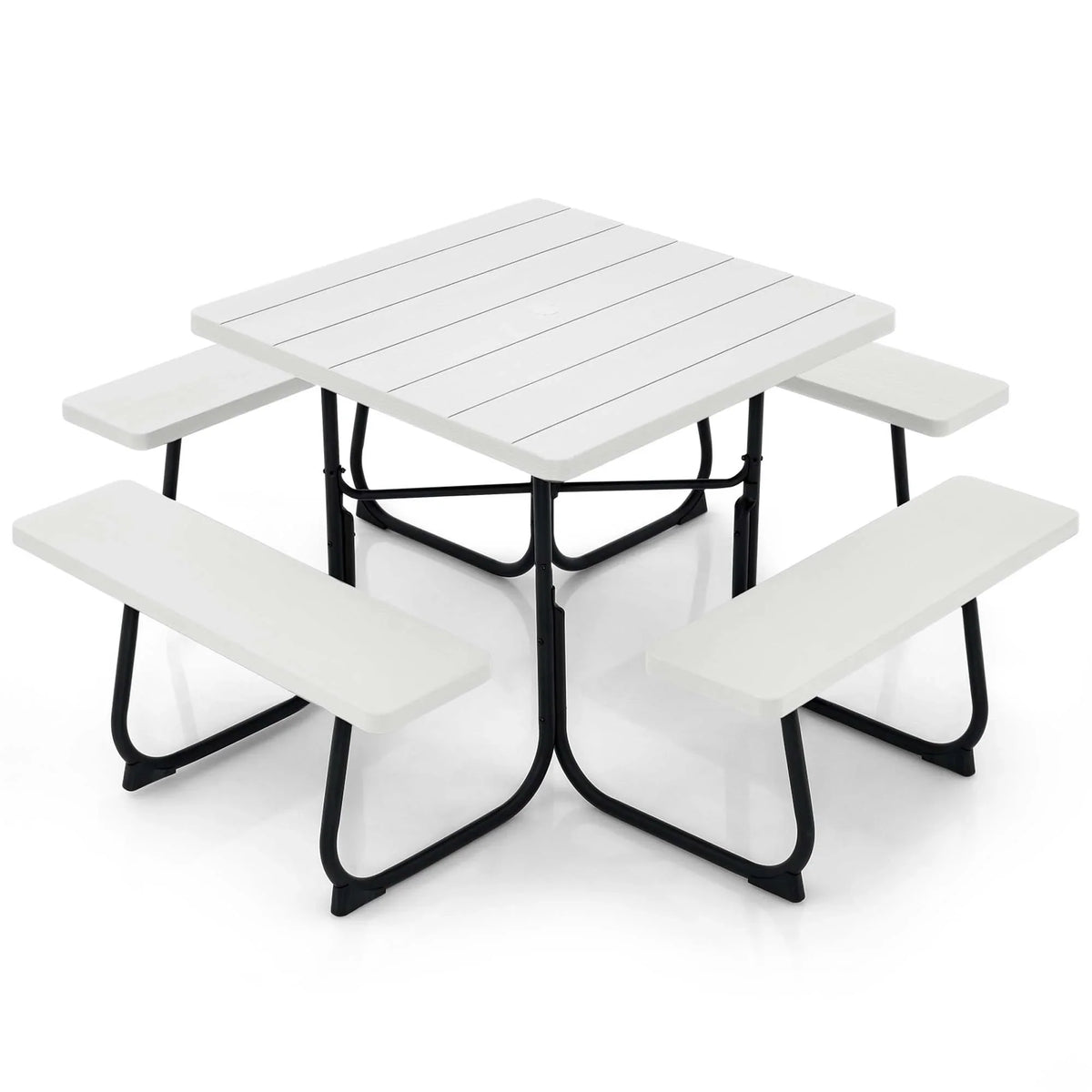 Costway Outdoor 8-person Square Picnic Table Bench Set with 4 Benches & Umbrella Hole White