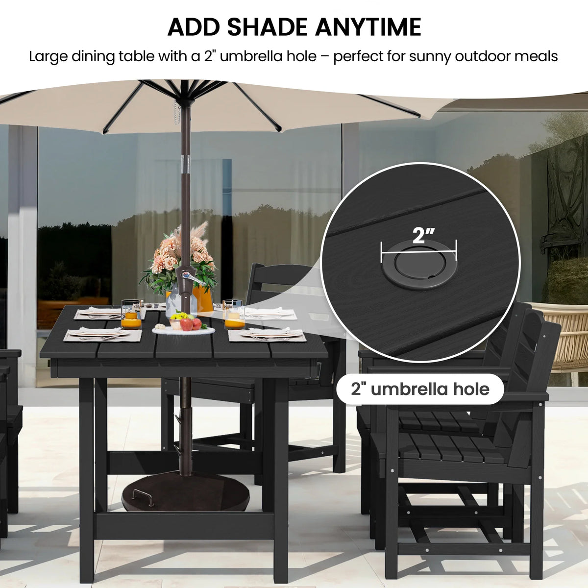 KINGYES 7-Piece Outdoor Dining Set, HDPE Patio Table and Chairs with Umbrella Hole, Gray