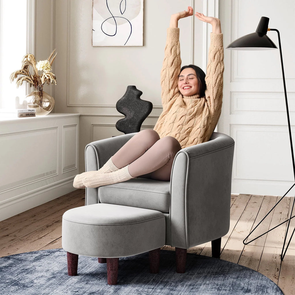 LINSY HOME Chenille Accent Chair with Ottoman for Living Room, Dark Gray