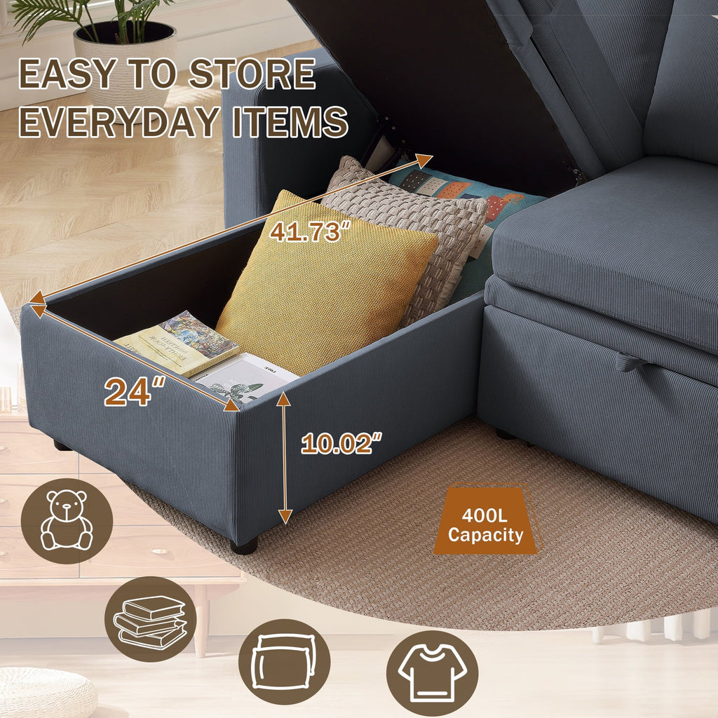 Pingliang Home Pull Out Sleeper Sofa Bed Sectional Sofa with Storage Chaise,L Shaped Sectionals Couches with Side Pockets,Modern Linen Reversible Sofa Couch for Living Room Apartment Office Studio