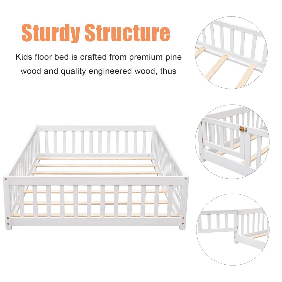 Bellemave Twin Size Floor Beds, Wood Montessori Bed with Fence Railings & Support Slats, No Box Spring Needed (Gray"