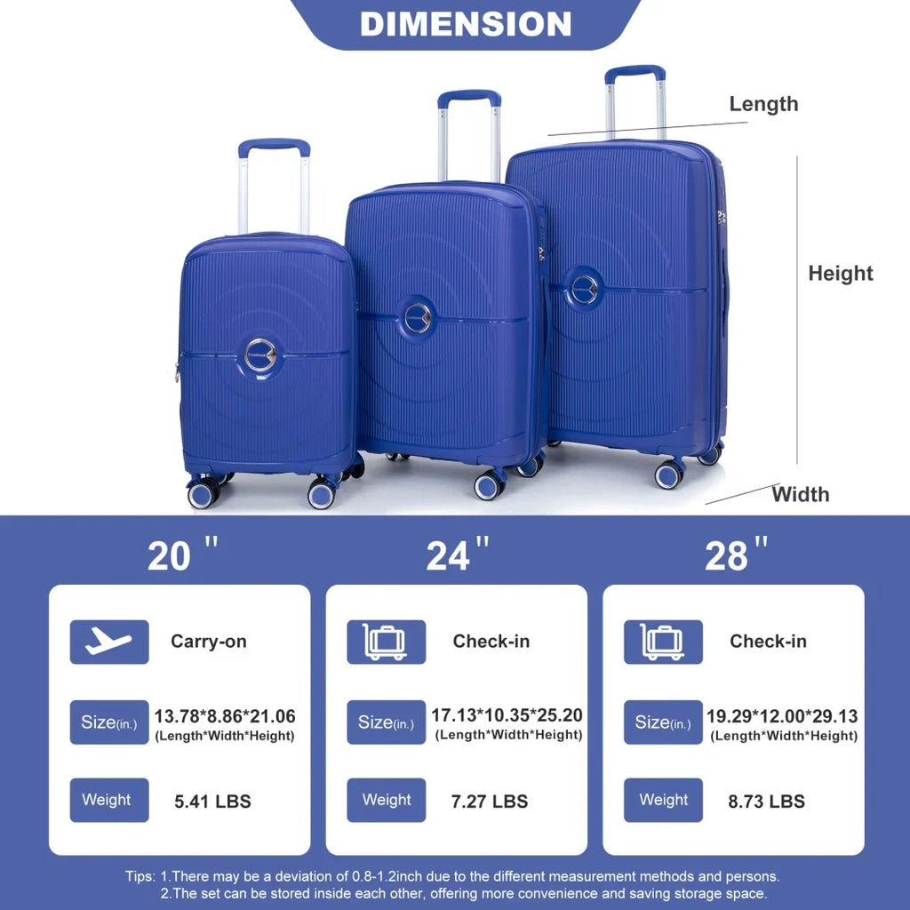 3 Pieces Luggage Set (20/24/28), Expandable PP Lightweight Hardshell Durable Suitcase with 4 Double 360 Degrees Mute Spinner Wheels and TSA Lock for Men Women, Black