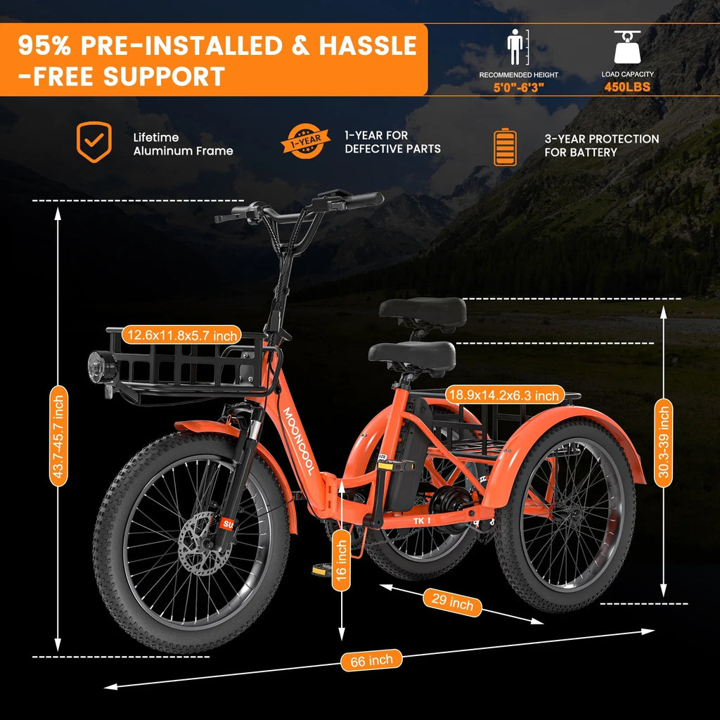 MOONCOOL TK1 Folding Electric Tricycle for Adults,48V 14.5Ah Removable battery, 500W"Peak 1000w"Motor, 20" Fat Tire Step-Thru 3Wheel Electric Bicycle w/Front&Rear Baskets, Certified to UL 2849 by SGS