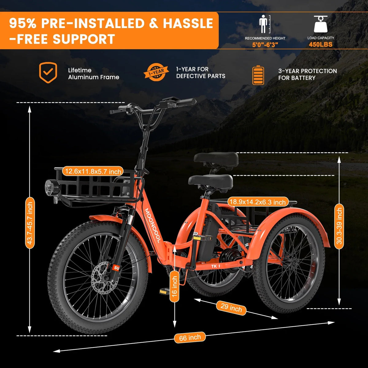 MOONCOOL TK1 Folding Electric Tricycle for Adults,48V 14.5Ah Removable battery, 500W"Peak 1000w"Motor, 20" Fat Tire Step-Thru 3Wheel Electric Bicycle w/Front&Rear Baskets, Certified to UL 2849 by SGS