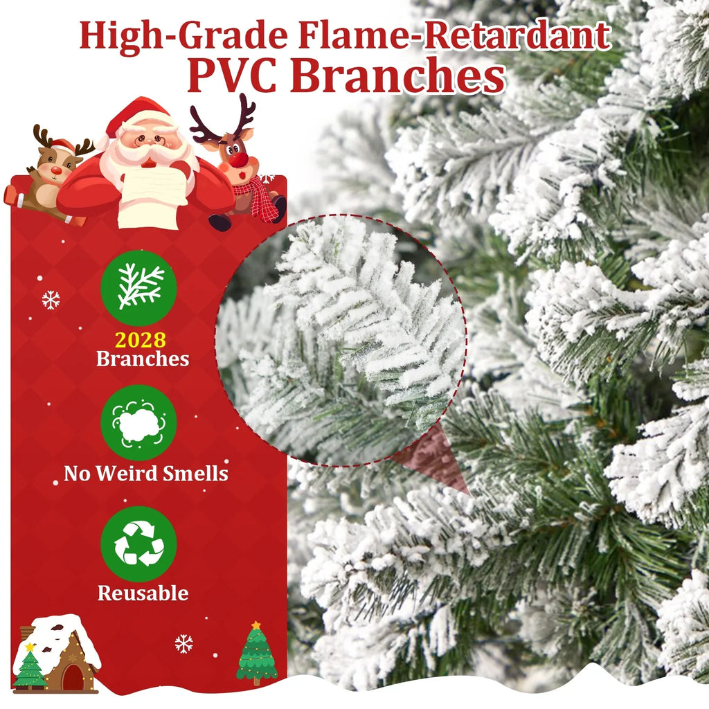 Qunler 9ft Snow Flocked Christmas Tree with 2028 Tips, Artificial Snowy Xmas Pine Tree with Reinforced Metal Base for Home Office Party Holiday Decorations,White(NO Light)