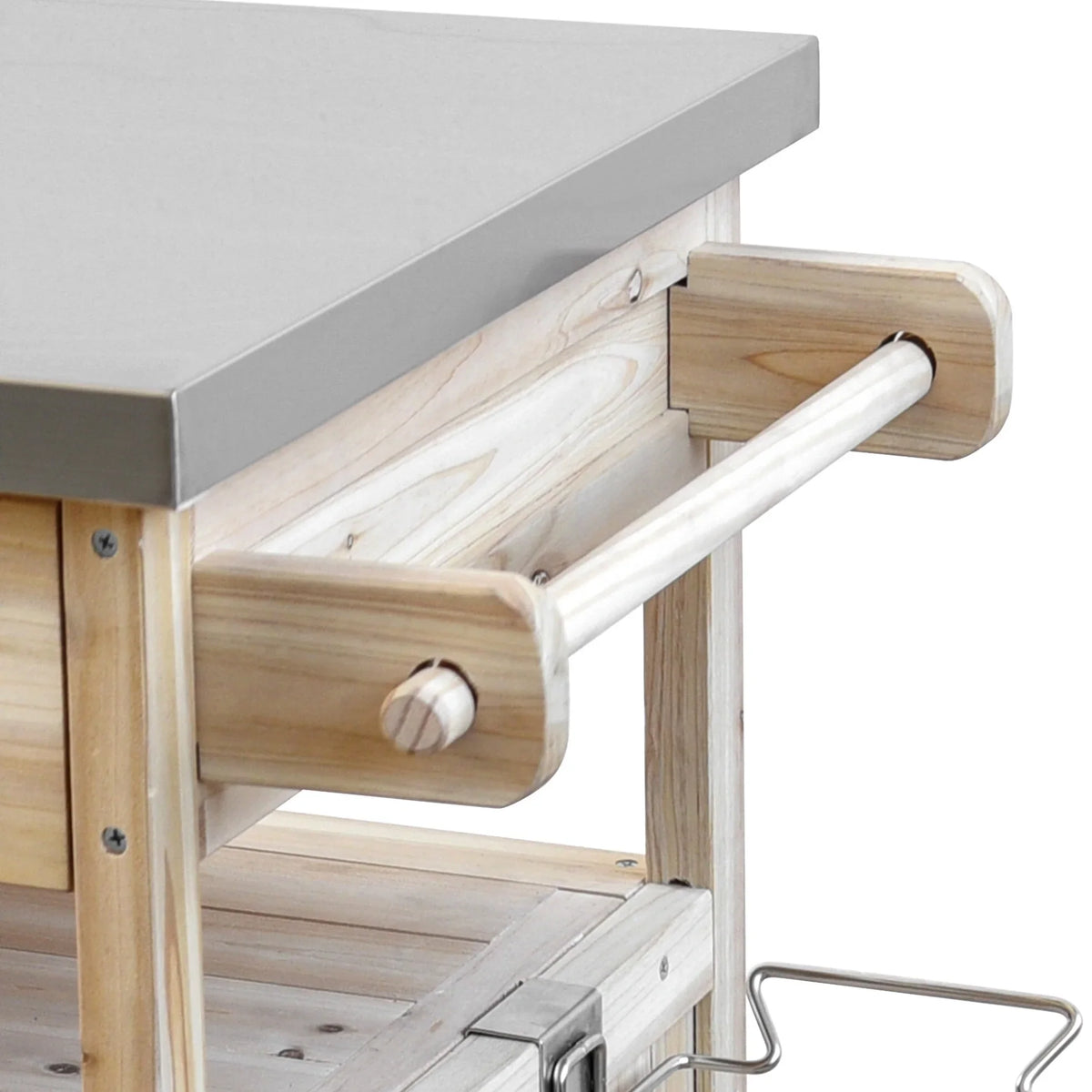 Solid Wood Outdoor Kitchen Island with Drop Leaf, Grill Table with Stainless Steel Table Top, Outdoor Bar Cart & Storage Cabinet with Lockable Wheels, Drawer, Spice Rack, Blue Grey