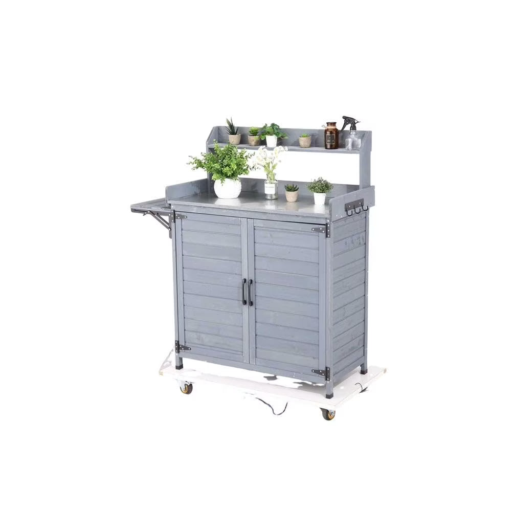 Kojooin Wooden Potting Bench Table �C Outdoor Gardening Furniture with Metal Top, Storage Cabinet & Adjustable Shelf for Patio, Garden, Greenhouse