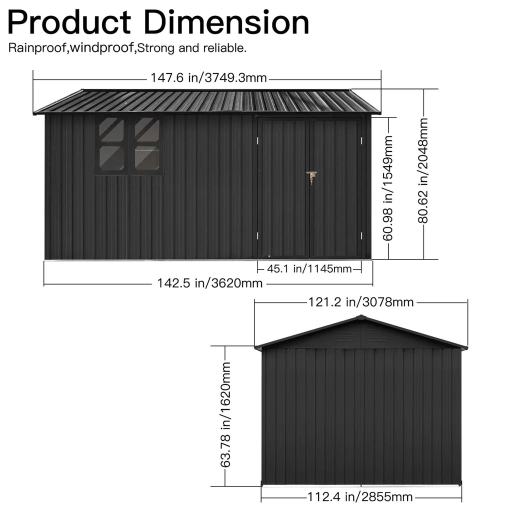10x12 FT Outdoor Storage Shed, Metal Garden Tool Shed with Vents, Window and Bulit-in Hooks, Waterproof Organization for Home/Backyard/Garden Tools/Lawn Storage, Yellow+White