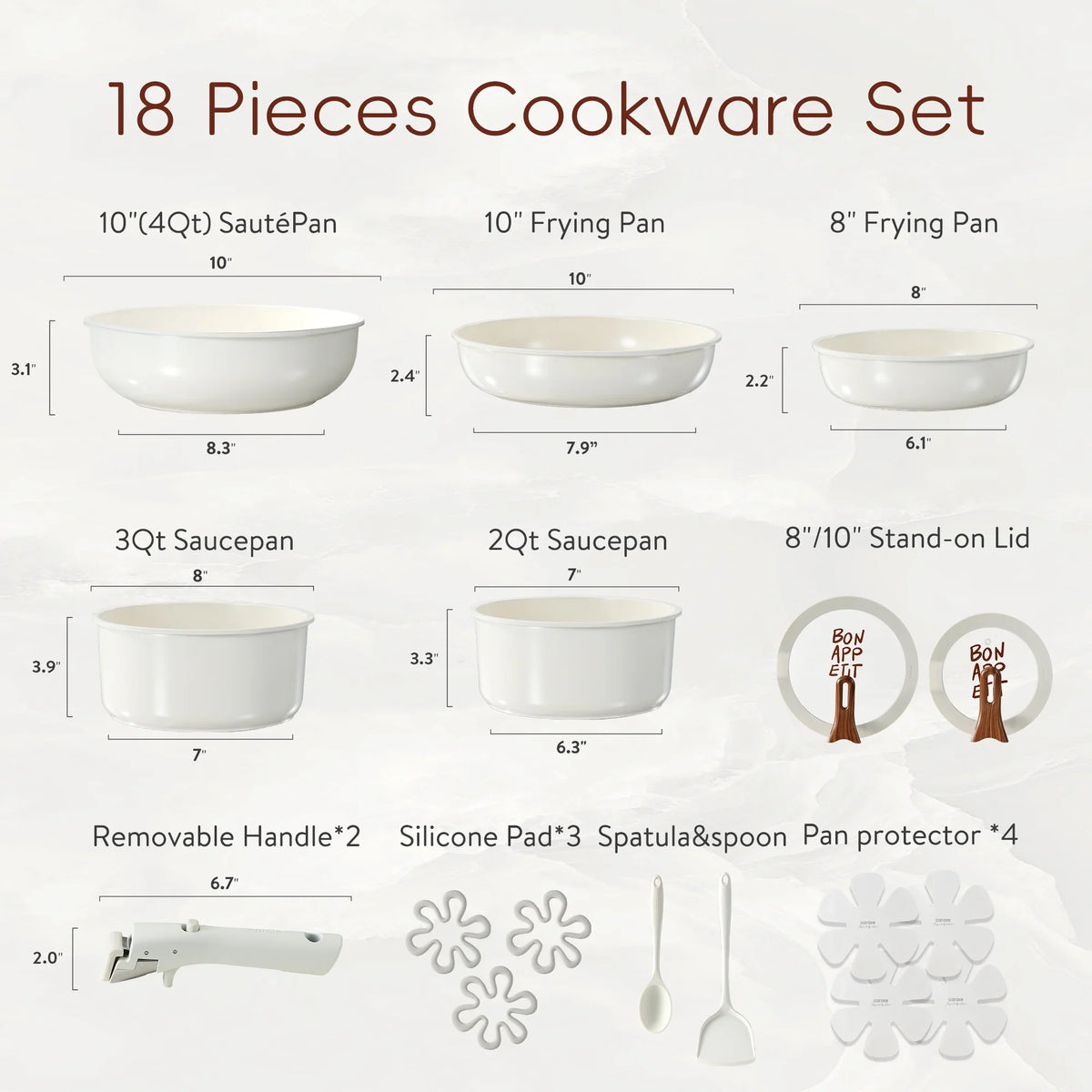 Carote 18 Pcs Ceramic Nonstick Cookware Set, Pots and Pans Set with Detachable Handles, Oven/Dishwasher Safe, Stackable Kitchen Cooking Set, White