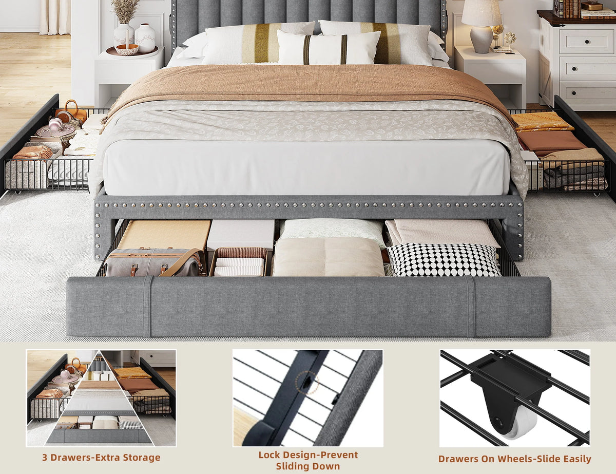 EnHomee Queen Bed Frame with 3 Storage Drawers Upholstered Queen Size Bed Frame with Headboard Noise Free Platform Bed with Metal Frame & Wood Slats Support Beige Bedroom Furniture for Adults Clothes