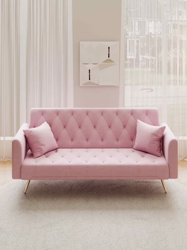 FFH Modern Corduroy Futon Sofa Bed with Adjustable Backrest,Convertible Loveseat Sleeper,Soft Couch with Drop-Down Table and Cup Holder for Living room,Pink