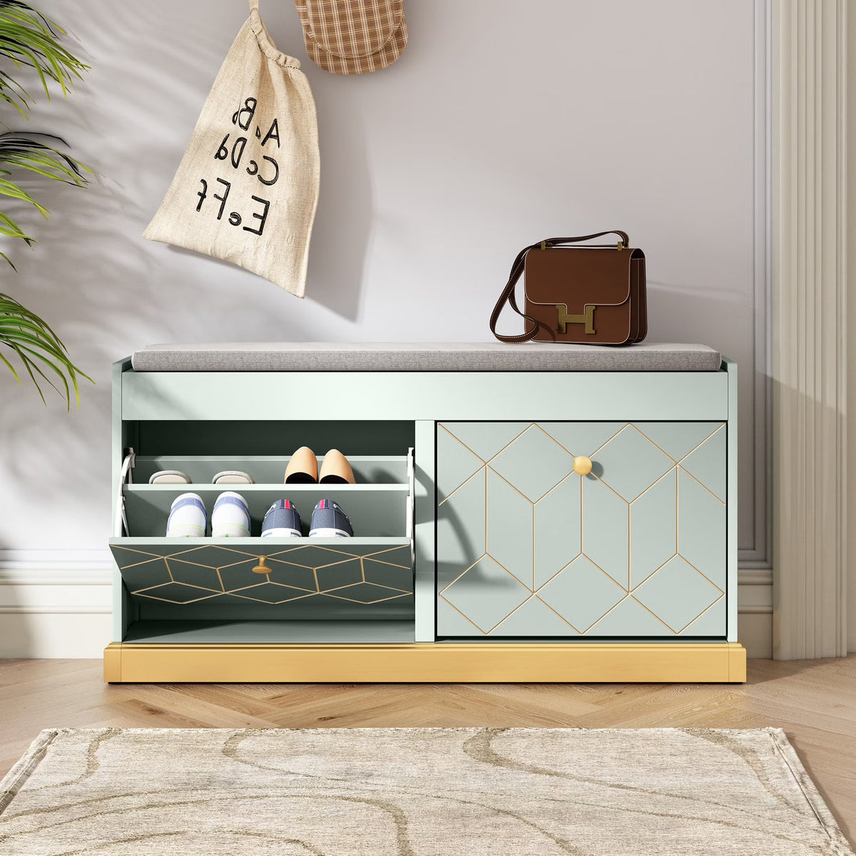 HLR White Shoe Cabinet, Shoe Cabinet with 2 Drawers Shoe Storage, Entryway Bench with Padded Seat
