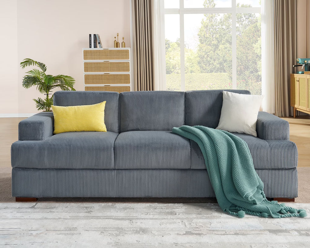 VANACC 89in Couch, Comfy Sofa with Wood Legs, 3 Seater Modern Sofa- Deep Seat Couches for Living Room, White Corduroy