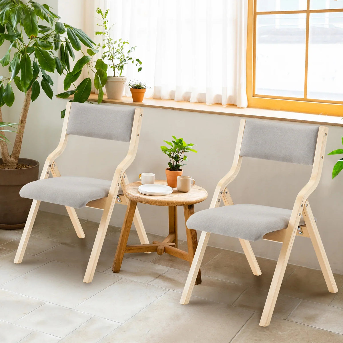 Ktaxon Folding Chairs Rubber Wood Frame Foldable Event Chairs Padded Diner Chairs for Office and Party Reading Dining Set of 2 Light Gray