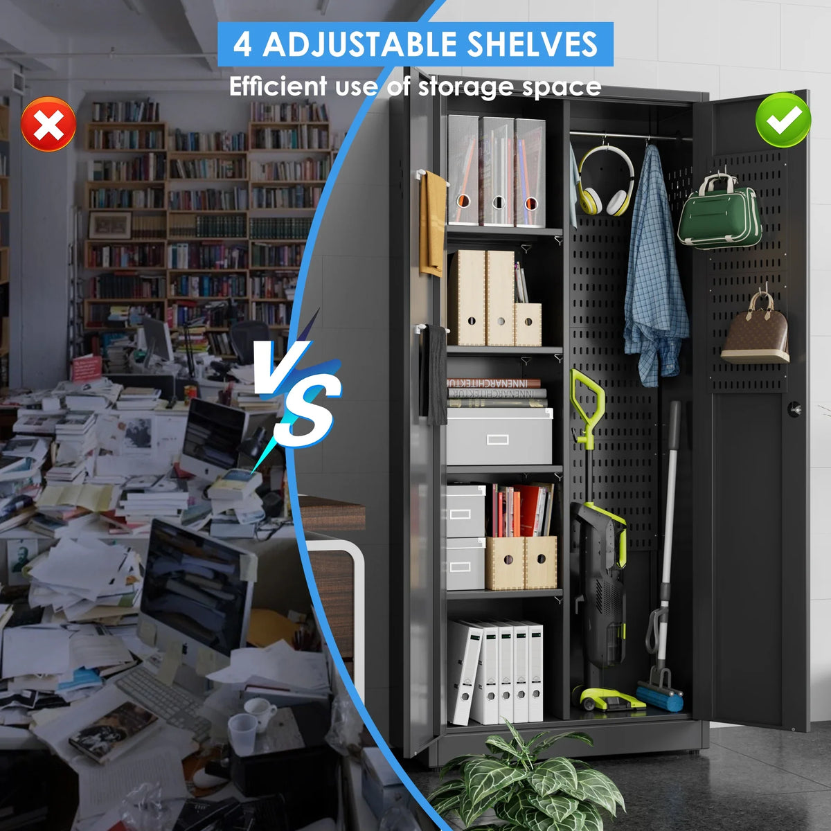 GAEANET 2 Door Metal Storage Cabinet with 5 Adjustable Shelves &Pegboard, 71" H"32" W"16" D Locking Steel Garage Cabinet, for Garage,Office,Home,Gym,School, File Cabinet,Assembly Required, Black