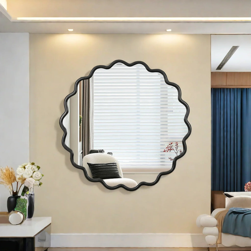 Solid Wood Wavy Frame Modern Mirror - 40x28 Inches Durable Farmhouse Wall Decor for Bathroom, Living Room & Entryway with Easy Install