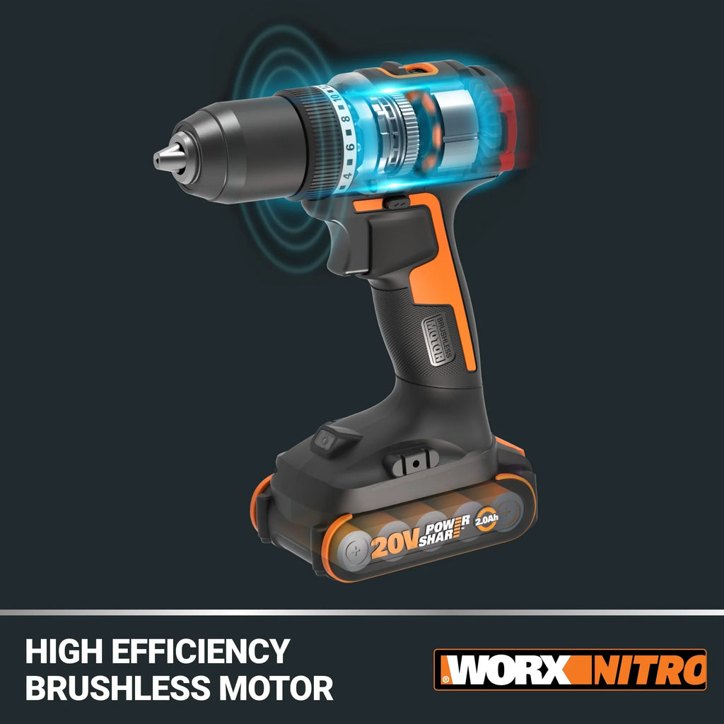 Worx Nitro WX130L.9 20V Compact Brushless 1/2" Drill/Driver (No Battery and Charger Included - Tool Only)