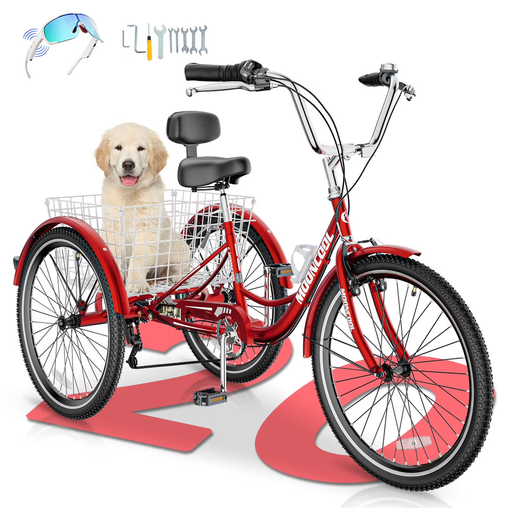 MOONCOOL Adult Tricycles with Rear Basket & Inflator, 24 26 inch 7 Speed 3 Wheel Bikes, Three-Wheeled Bicycles Adult Trike with Backrest for Seniors, Women, Men
