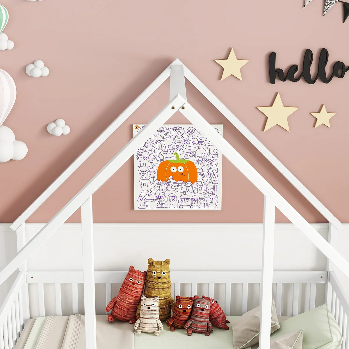 Bellemave Twin Size Floor Bed Frame, Wooden House Bed Twin Size with Fence, Montessori Bed with Guardrails for Bedroom (White)