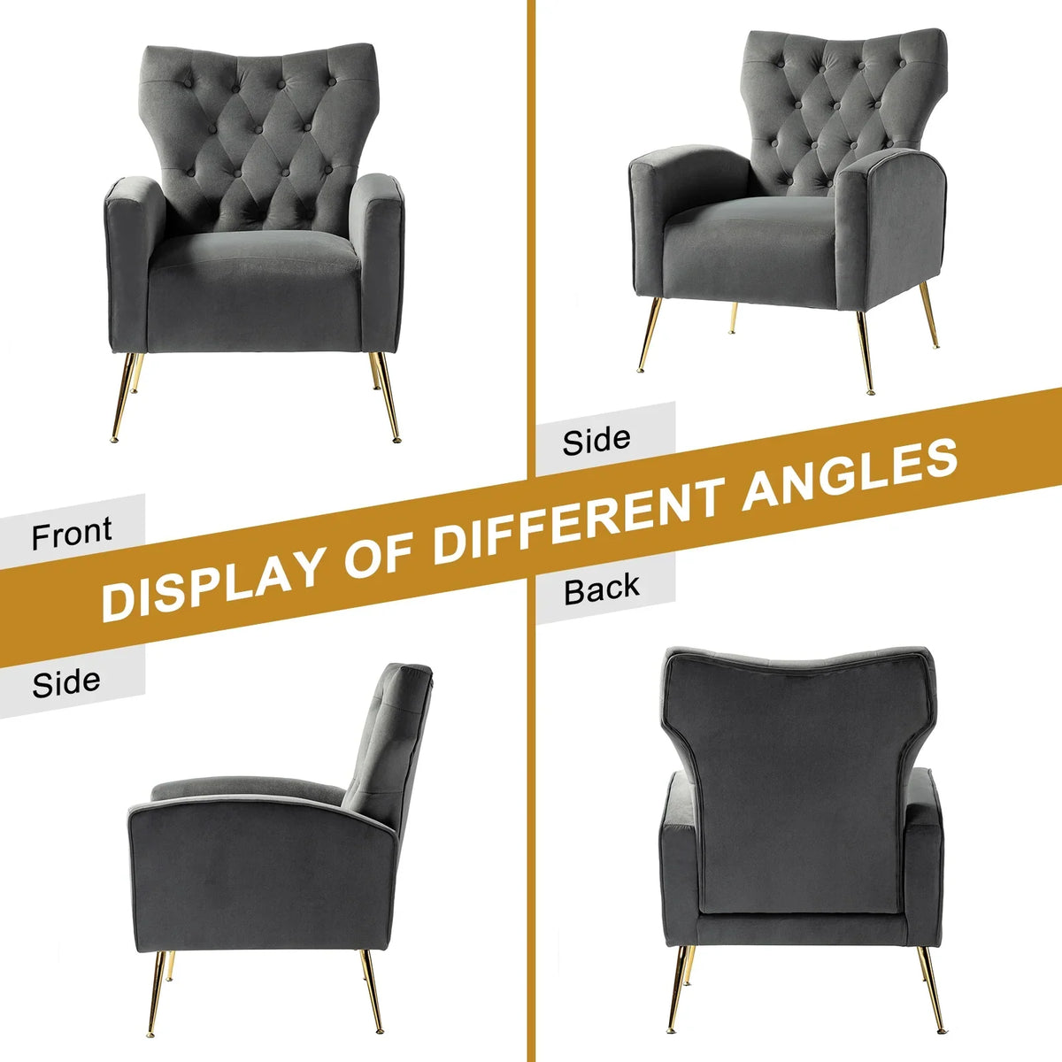 Modern Velvet Accent Chair Upholstered Sofa Armchair Button Tufted Metal Legs Adult Bedroom Home Living Room Grey