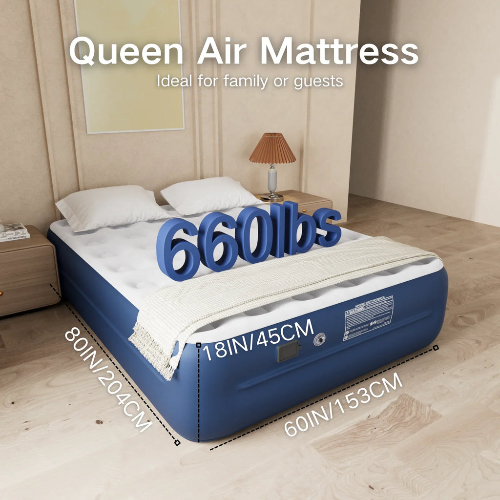 Luxury Queen Air Mattress with Built-In Battery Pump,Heavy-Duty Waterproof Veltex Surface for Indoor/Outdoor Use,Portable Inflatable Camping Bed & Guest Bed(Blue)